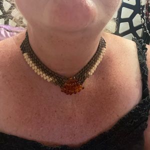 Wood necklace with deep amber color beads, handmade